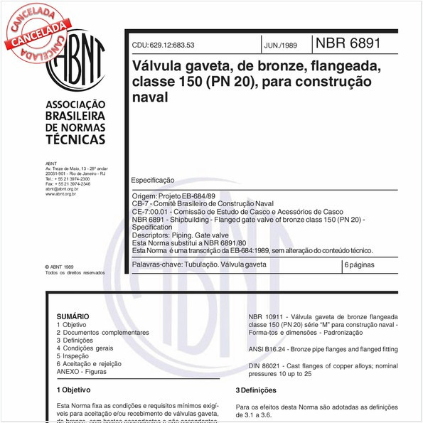 Válvulas gaveta, de bronze, flangeada, classe 150 (PN 20), para construção naval
