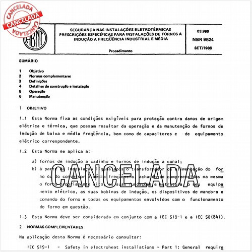 Segurança nas instalações eletrotérmicas - Prescrições específicas para instalações de fornos a indução a freqüência industrial e média