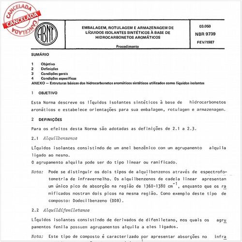 Embalagem, rotulagem e armazenagem de líquidos isolantes sintéticos a base de hidrocarbonetos aromáticos