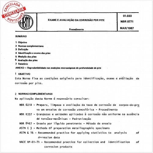 Exame e avaliação da corrosão por pite