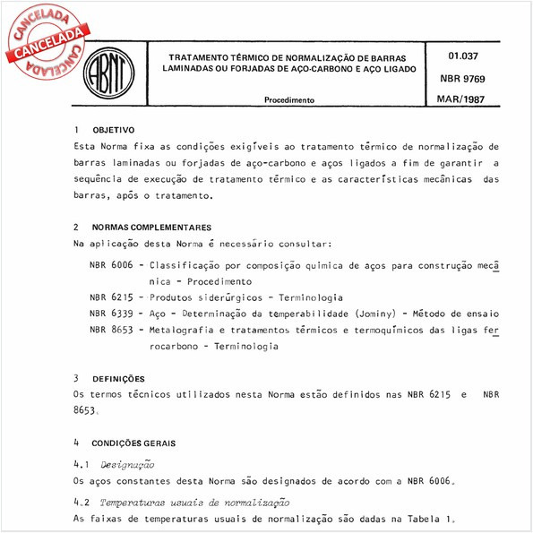 Tratamento térmico de normalização de barras, laminadas ou forjadas de aço-carbono e aço ligado