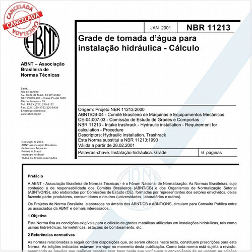 Grade de tomada d'água para instalação hidráulica - Cálculo
