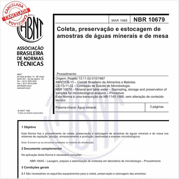 Coleta, preservação e estocagem de amostras de águas minerais e de mesa