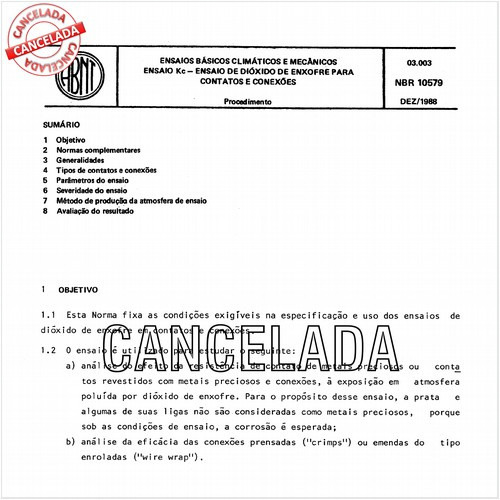 Ensaios básicos climáticos e mecânicos - Ensaio kc - Ensaio de dióxido de enxofre para contatos e conexões