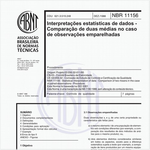 Interpretações estatísticas de dados - Comparação de duas médias no caso de observações emparelhadas - Procedimento