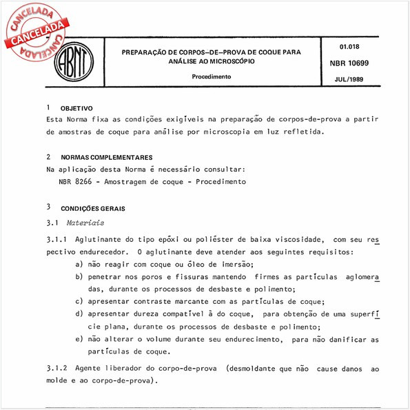 Preparação de corpos-de-prova de coque para análise ao microscópio