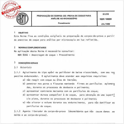 Preparação de corpos-de-prova de coque para análise ao microscópio