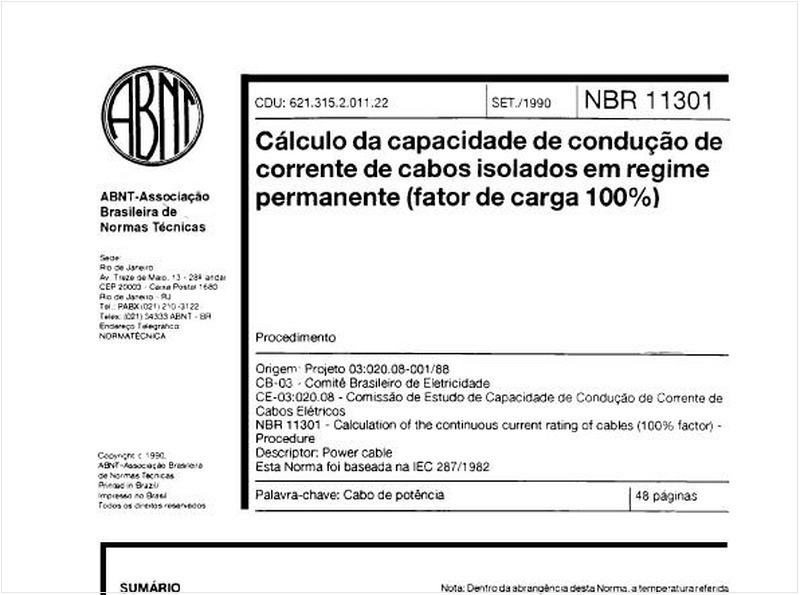 Cálculo da capacidade de condução de corrente de cabos isolados em regime permanente (fator de carga 100%) - Procedimento