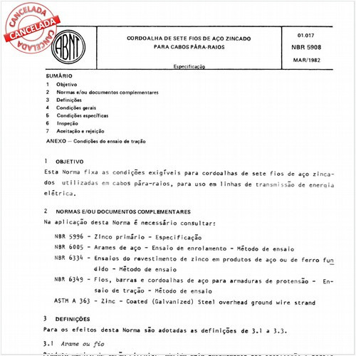 Cordoalha de sete fios de aço zincados para cabos pára-raios