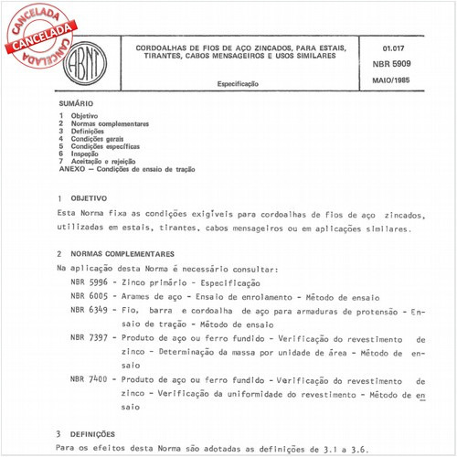 Cordoalhas de fios de aço zincados para estais, tirantes, cabos mensageiros e usos similares