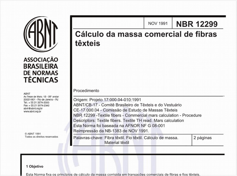 Cálculo da massa comercial de fibras têxteis - Procedimento