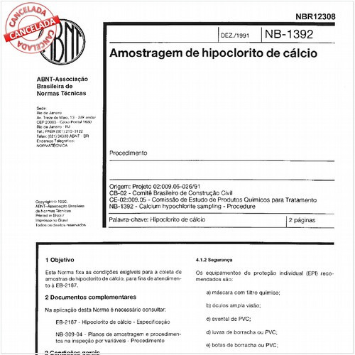 Amostragem de hipoclórito de cálcio
