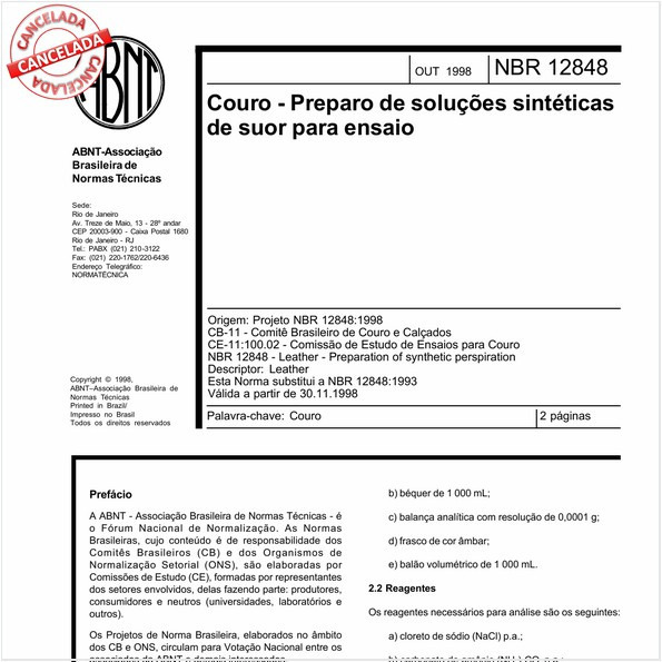 Couro - Preparo de soluções sintéticas de suor para ensaio