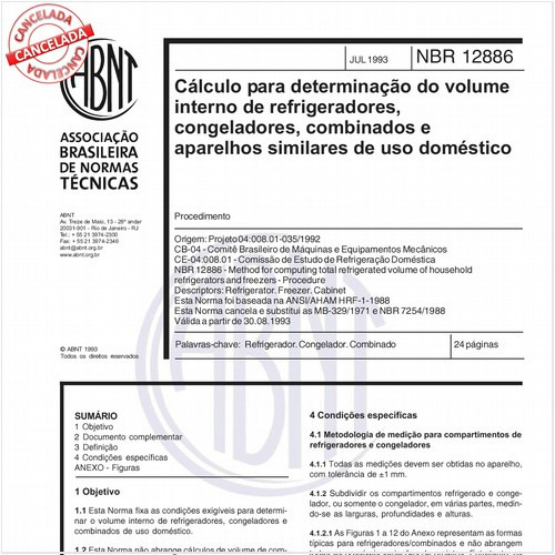 Cálculo para determinação do volume interno de refrigeradores, congeladores, combinados e aparelhos similares de uso doméstico