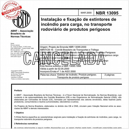 Instalação e fixação de extintores de incêndio para carga, no transporte rodoviário de produtos perigosos