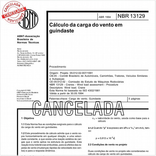 Cálculo da carga do vento em guindaste