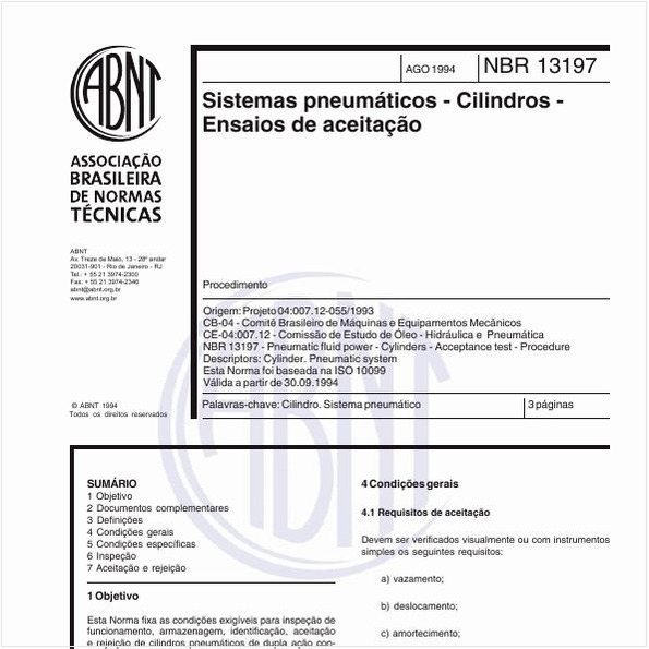 Sistemas pneumáticos - Cilindros - Ensaios de aceitação