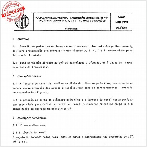 Polias acaneladas para transmissão com correias "V" - Seção dos canais A, B, C, D, e E, - Formas e dimensões