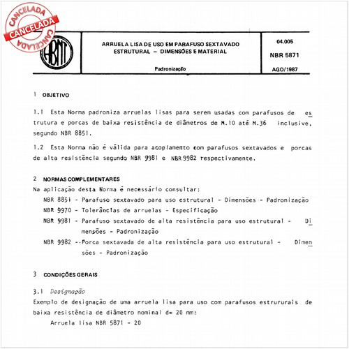 Arruela lisa de uso em parafuso sextavado estrutural - Dimensões e material