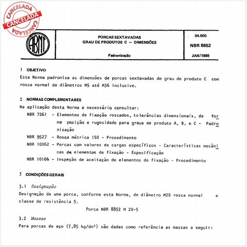 Porcas sextavadas - Grau de produto C - Dimensões