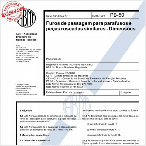 Furos de passagem para parafusos e peças roscadas similares - Dimensões