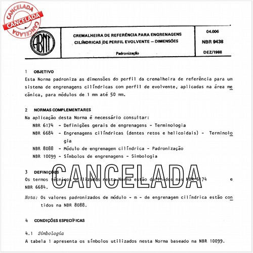 Cremalheira de referência para engrenagens cilíndricas de perfil evolvente - Dimensões