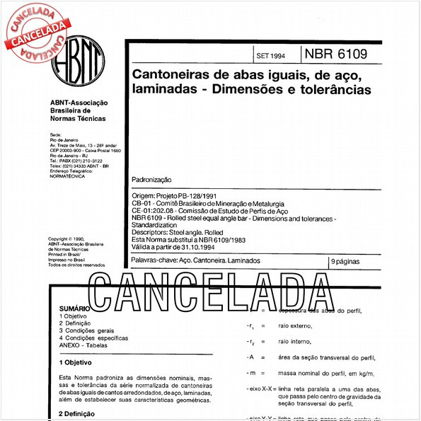 Cantoneiras de abas iguais, de aço, laminadas - Dimensões e tolerâncias
