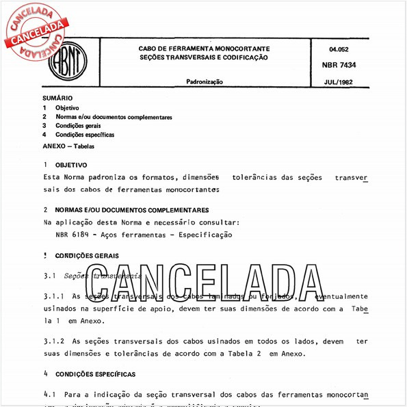 Cabo de ferramenta monocortante - Seções transversais e codificação