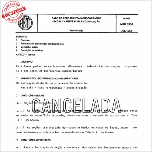 Cabo de ferramenta monocortante - Seções transversais e codificação