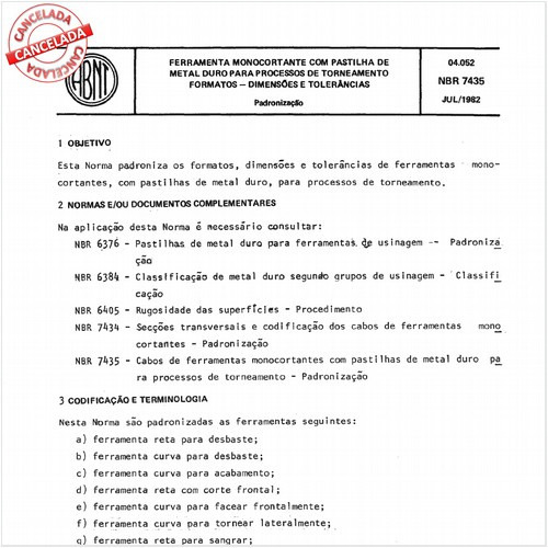 Ferramenta monocortante com pastilha de metal duro para processos de torneamento - Formatos - Dimensões e tolerâncias