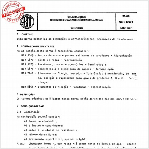 Chumbadores - Dimensões e características mecânicas