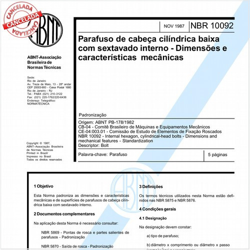 Parafuso de cabeça cilíndrica baixa com sextavado interno - Dimensões e características mecânicas