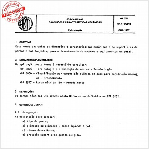 Porca olhal - Dimensões e características mecânicas
