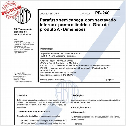 Parafuso sem cabeça, com sextavado interno e ponta cilíndrica - Grau de produto A - Dimensões