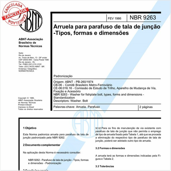 Arruela para parafuso de tala de junção - Tipos, formas e dimensões