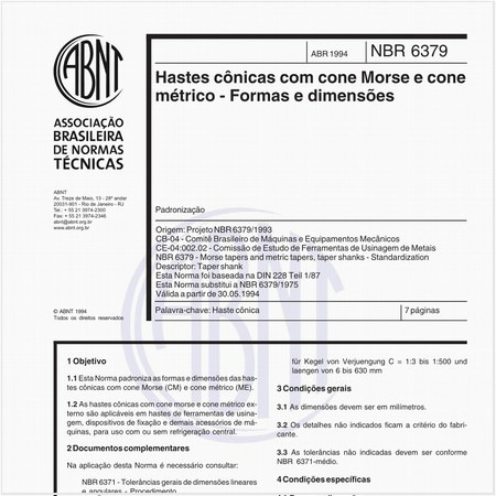 Hastes cônicas com cone Morse e cone métrico - Formas e dimensões