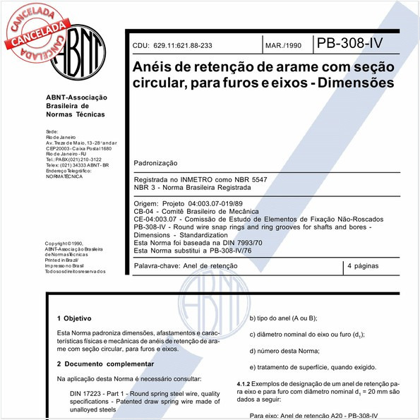 Anéis de retenção de arame com seção circular, para furos e eixos - Dimensões