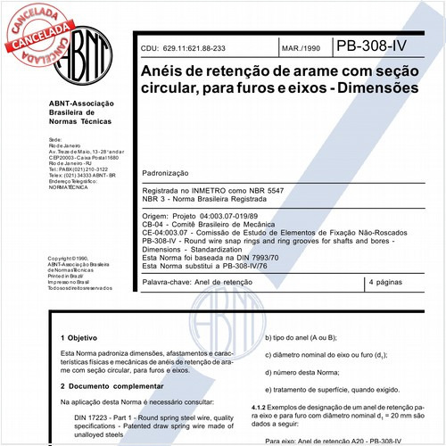 Anéis de retenção de arame com seção circular, para furos e eixos - Dimensões