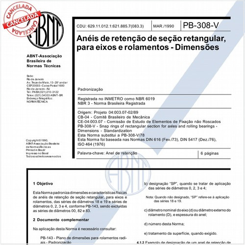 Anéis de retenção de seção retangular, para eixos e rolamentos - Dimensões