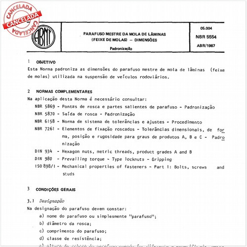 Parafuso mestre da mola de lâminas (feixe de molas) - Dimensões