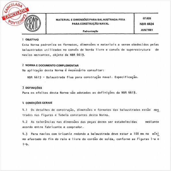 Material e dimensões para balaustrada fixa para construção naval
