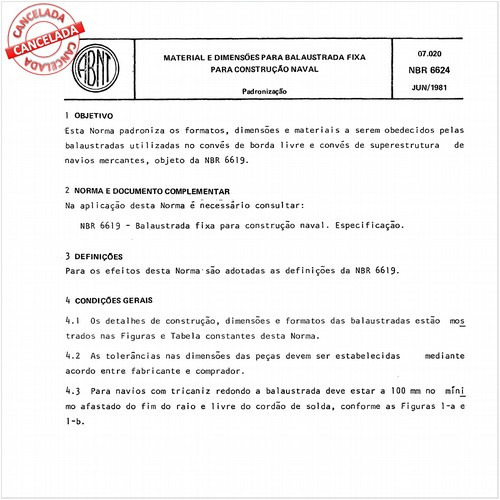 Material e dimensões para balaustrada fixa para construção naval