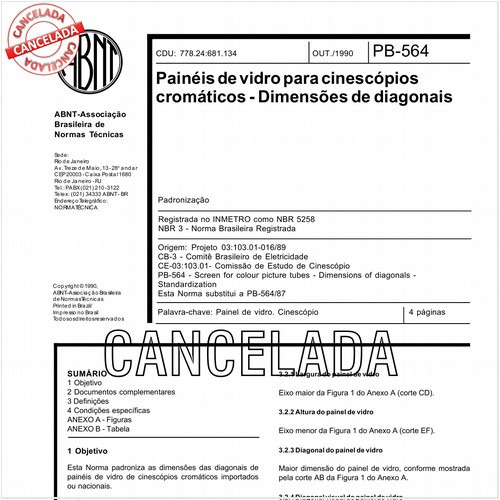 Painéis de vidro para cinescópios cromáticos - Dimensões de diagonais