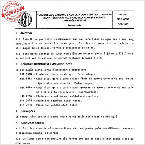 Tubos de aço-carbono e aço-liga com e sem costura para troca térmica (caldeiras, trocadores e fornos) - Dimensões básicas