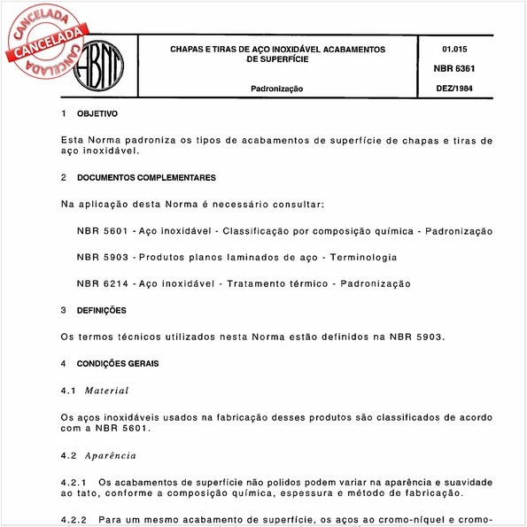 Chapas e tiras de aço inoxidável - Acabamentos de superfície