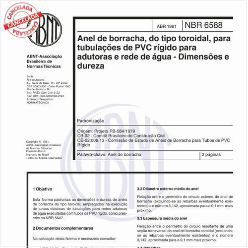Anel de borracha, do tipo toroidal, para tubulações de PVC rígido para adutoras e rede de água - Dimensões e dureza