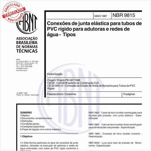 Conexões de junta elástica para tubos de PVC rígido para adutoras e redes de água - Tipos - Padronização