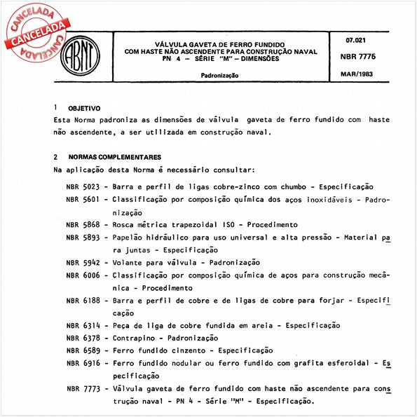 Válvula gaveta de ferro fundido com haste não ascendente para construção naval PN 4 - Série "M" - Dimensões