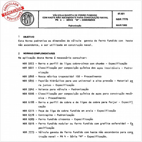 Válvula gaveta de ferro fundido com haste não ascendente para construção naval PN 4 - Série "M" - Dimensões