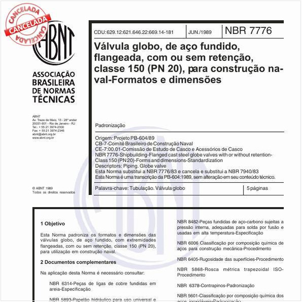 Válvula globo, de aço fundido, flangeada, com ou sem retenção, classe 150 (PN 20), para construção naval - Formatos e dimensões